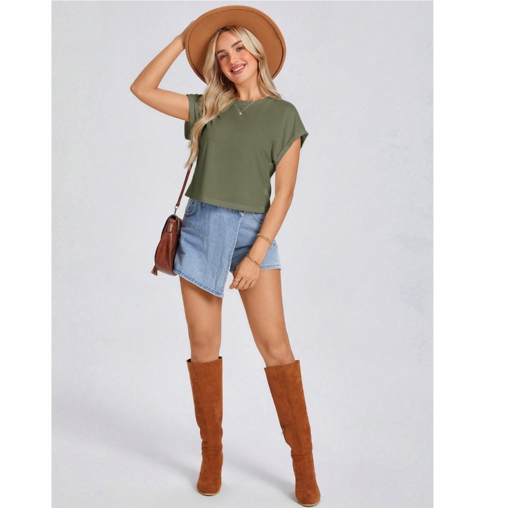 Army Green Crew Neck Muscle Tee Top Shirt Cap Sleeve, Round Neck - Picture 5 of 12